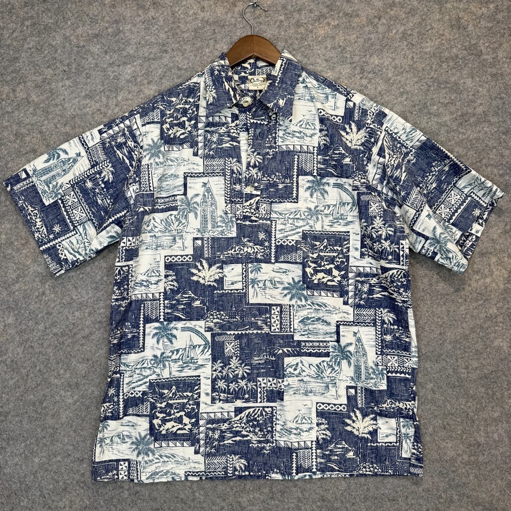 VTG Go Barefoot Hawaiian Aloha Shirt Mens Large 1/4 Button Patchwork Beach Surf